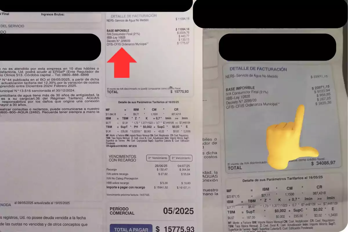 Dos facturas de agua con datos personales cubiertos, una con una flecha roja señalando el detalle de facturación y otra con una mano amarilla señalando el total Dos facturas de agua con datos personales cubiertos, una con una flecha roja señalando el detalle de facturación y otra con una mano amarilla señalando el total