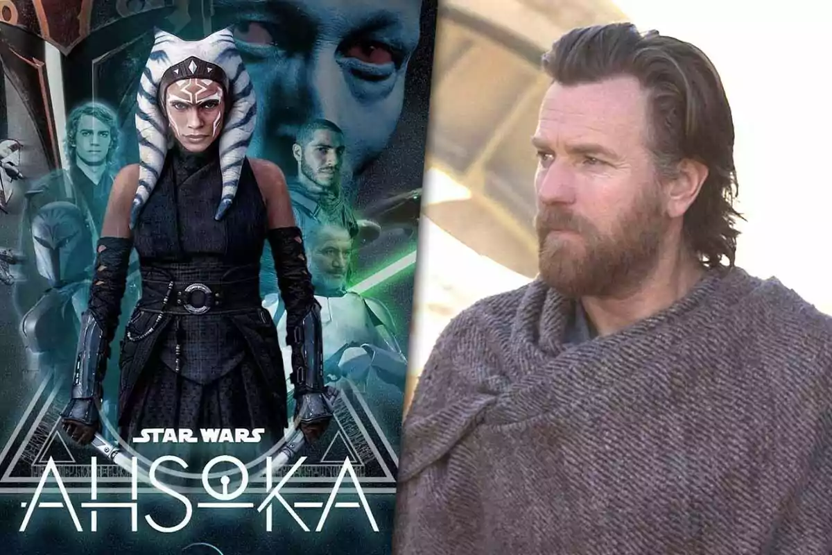 Un póster de la serie "Ahsoka" de Star Wars junto a Obi Wan Kenobi, interpretado por Ewan McGregor.