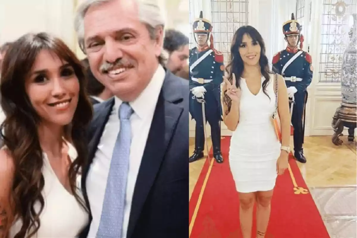 Una mujer vestida de blanco posa junto a un hombre mayor en traje y corbata en la primera imagen, mientras que en la segunda imagen, la misma mujer hace el signo de la paz con los dedos frente a dos guardias uniformados.