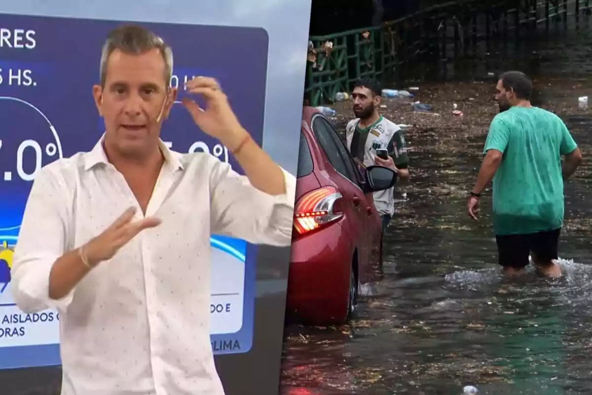 Un hombre con micrófono en un estudio de televisión a la izquierda y dos personas caminando en una calle inundada junto a un auto rojo a la derecha.