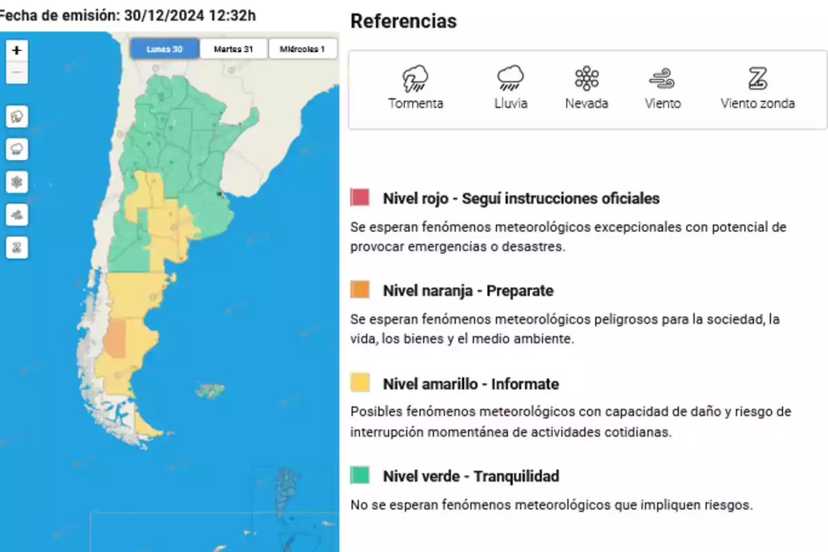 Mapa de alertas meteorológicas en Argentina para el 30 de diciembre de 2024 a las 12:32h con niveles de riesgo que van desde verde (tranquilidad) hasta rojo (seguir instrucciones oficiales) mostrando áreas en verde y amarillo para fin de año y año nuevo 2025. Mapa de alertas meteorológicas en Argentina para el 30 de diciembre de 2024 a las 12:32h con niveles de riesgo que van desde verde (tranquilidad) hasta rojo (seguir instrucciones oficiales) mostrando áreas en verde y amarillo para fin de año y año nuevo 2025.