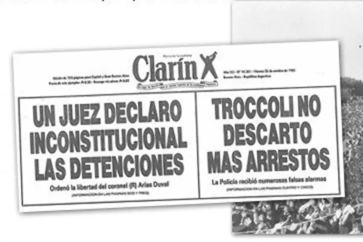 Portada de un periódico con titulares sobre la declaración de inconstitucionalidad de detenciones y la posibilidad de más arrestos. Portada de un periódico con titulares sobre la declaración de inconstitucionalidad de detenciones y la posibilidad de más arrestos.