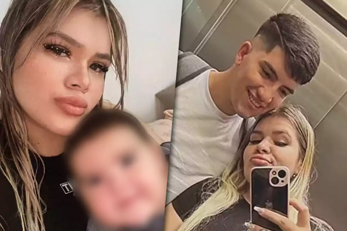A woman with makeup and blonde hair poses next to a child with a blurred face in an image, while in another part of the image, the same woman takes a selfie with a man in an elevator.