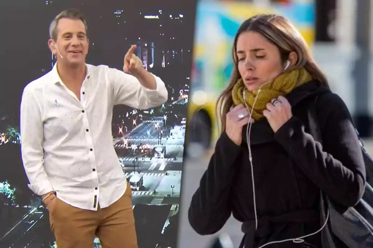 A smiling man in a white jersey and brown pants stands in front of an urban nighttime background while a woman with a yellow scarf and headphones walks warmly down the street.