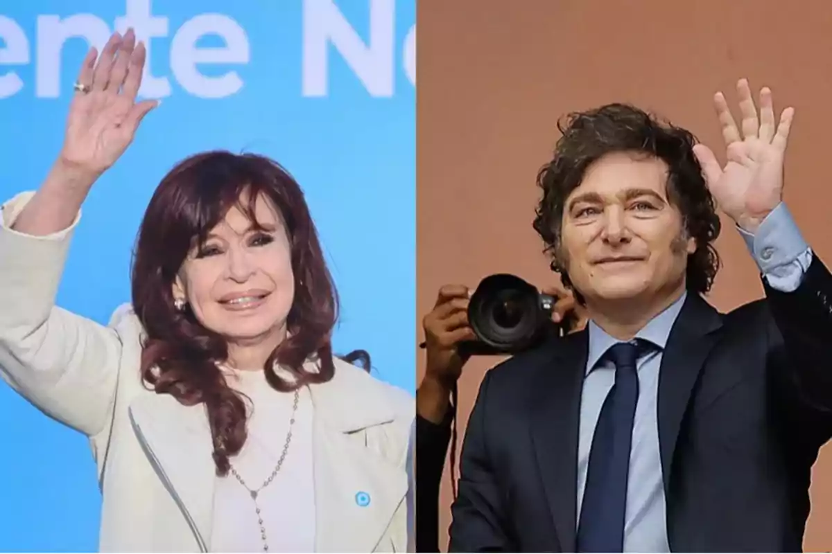 Two people raising their hands in greeting, a woman on the left and a man on the right, with a blue background and a camera behind the man.