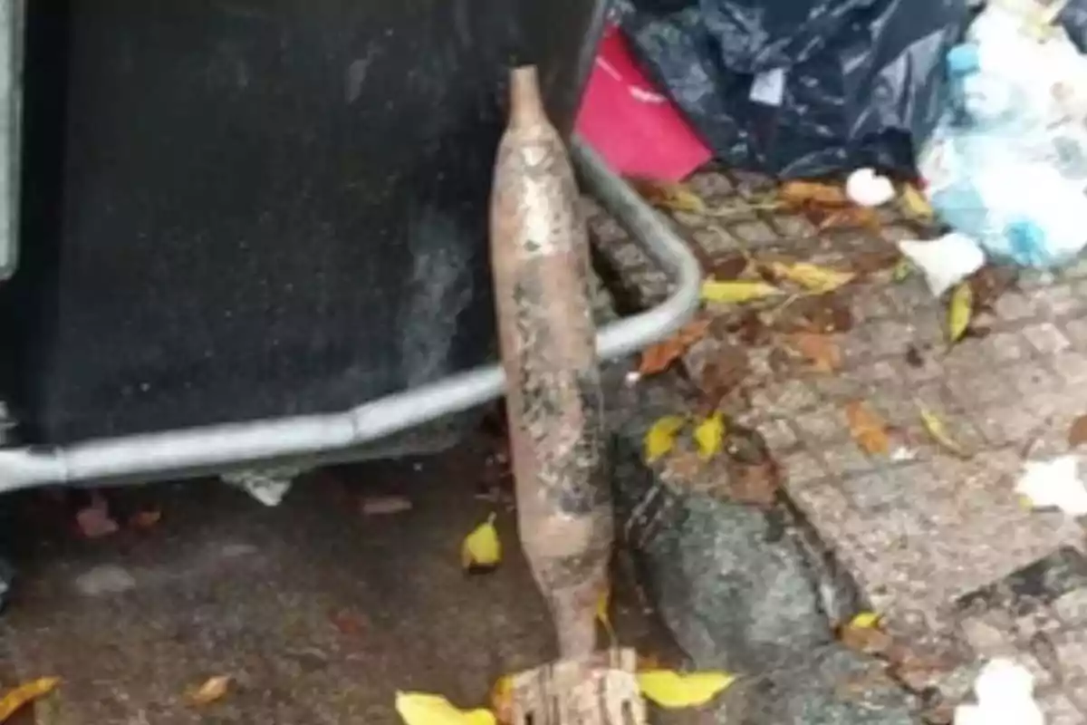 Un objeto metálico alargado y oxidado está apoyado contra un contenedor de basura en una acera, rodeado de hojas y desechos. Un objeto metálico alargado y oxidado está apoyado contra un contenedor de basura en una acera, rodeado de hojas y desechos.