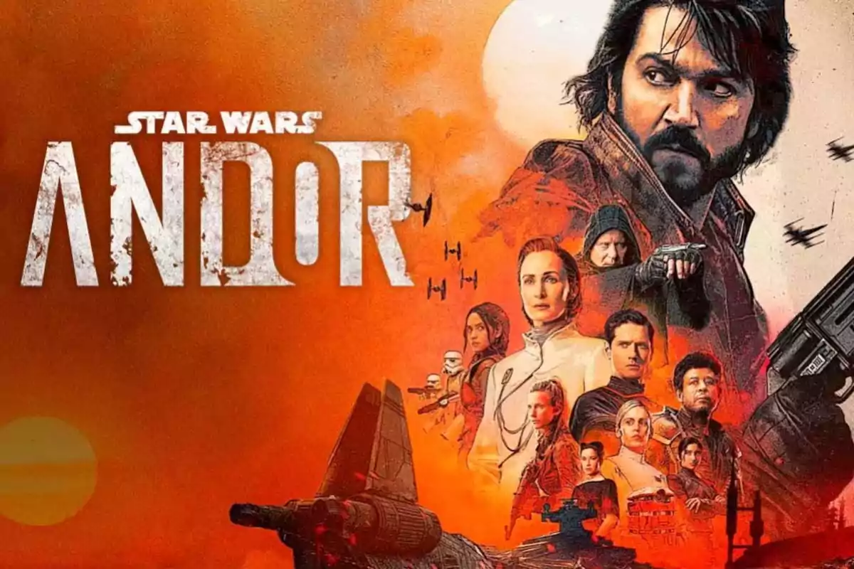 Poster of the Star Wars series Andor featuring several main characters and spaceships against an orange background Poster of the Star Wars series Andor featuring several main characters and spaceships against an orange background