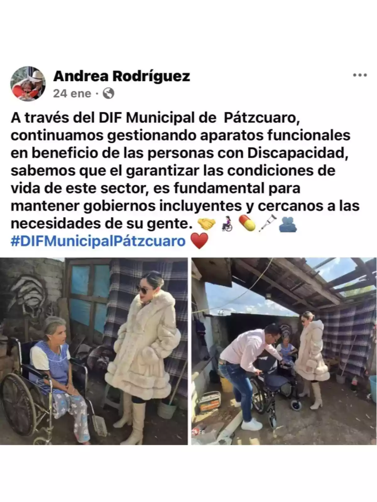 Una publicación de Andrea Rodríguez sobre la entrega de aparatos funcionales a personas con discapacidad a través del DIF Municipal de Pátzcuaro, acompañada de dos imágenes: una muestra a una mujer mayor en silla de ruedas conversando con otra mujer de pie, y la otra muestra a un hombre entregando una silla de ruedas.