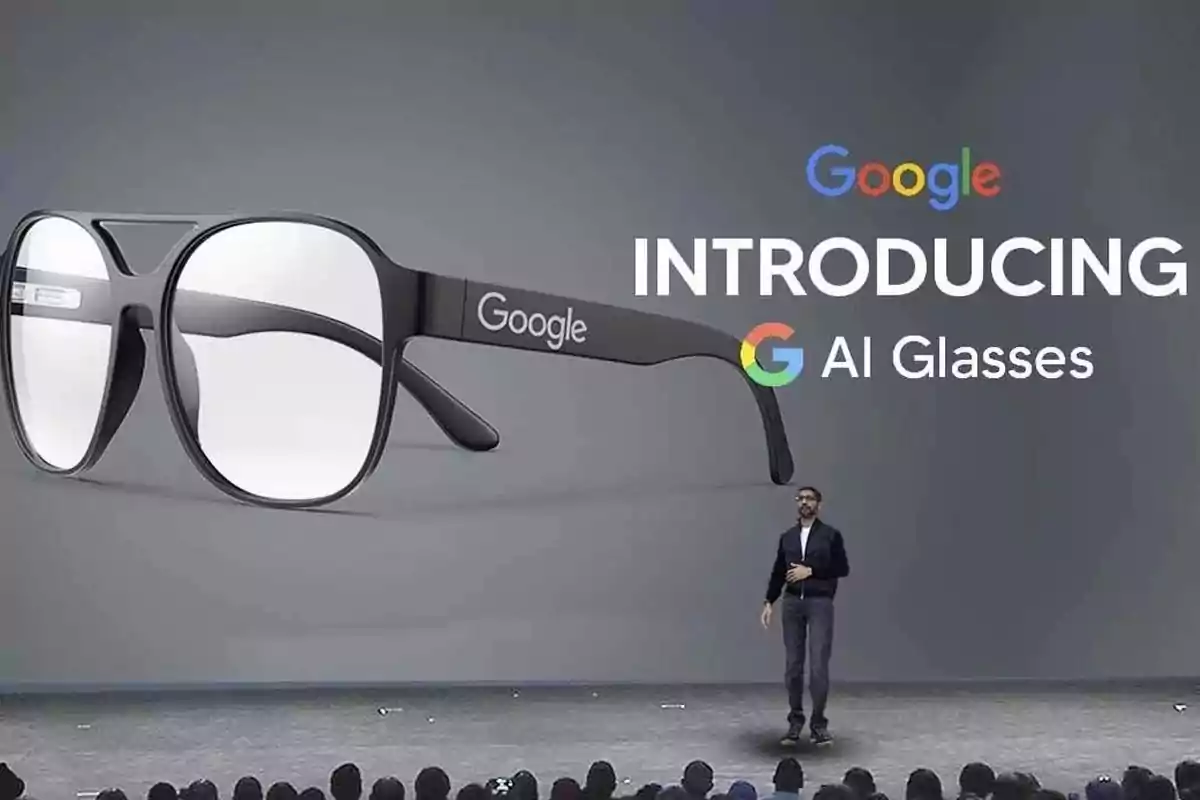 Presentation of Google AI glasses on a stage with a speaker in front of an audience. Presentation of Google AI glasses on a stage with a speaker in front of an audience.