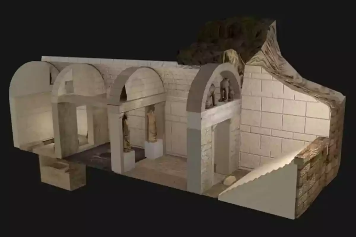 A 3D representation of an ancient architectural structure with arches and statues inside. A 3D representation of an ancient architectural structure with arches and statues inside.