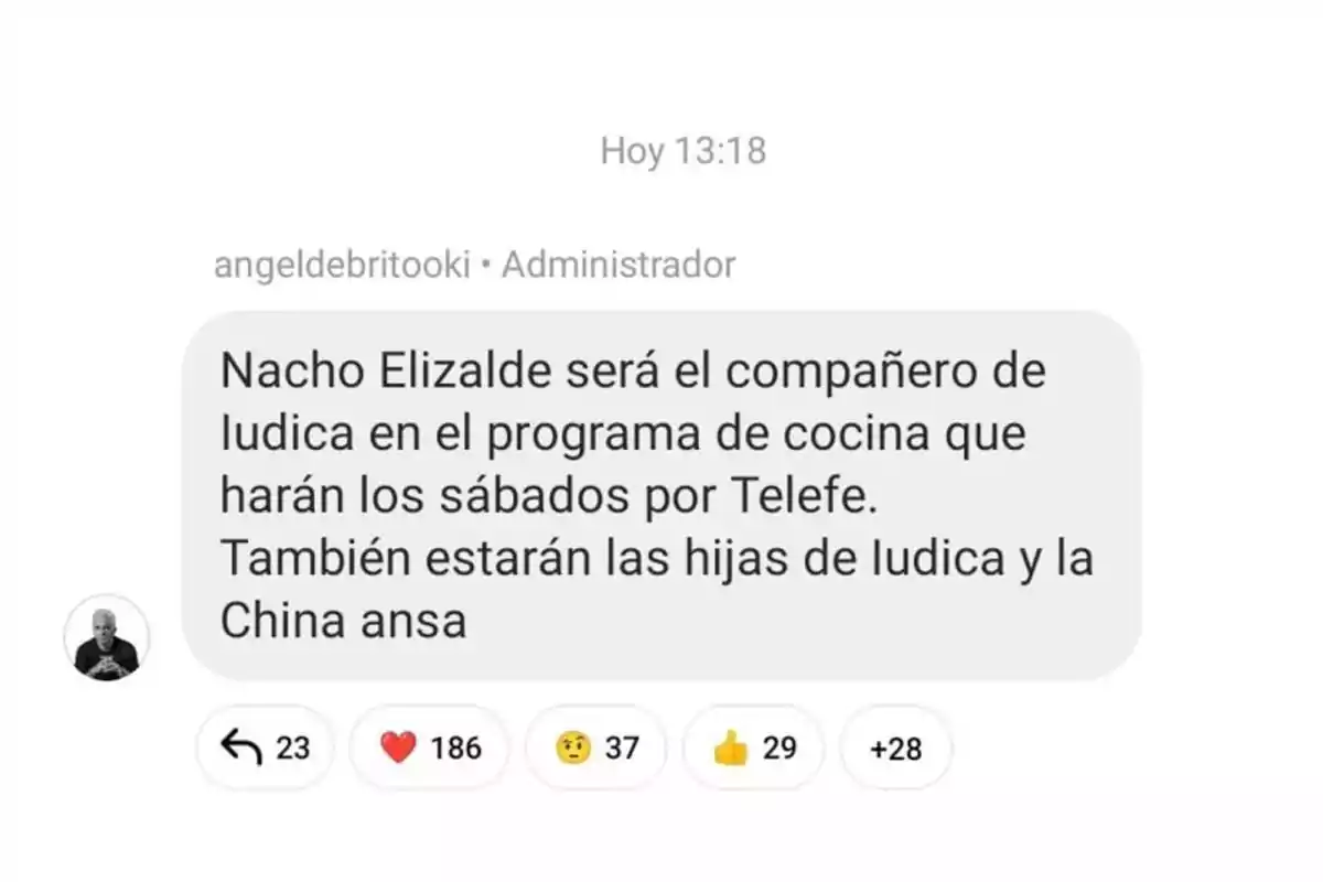 Una publicación de un administrador menciona que Nacho Elizalde será el compañero de Ludica en un programa de cocina que se transmitirá los sábados por Telefe, y también participarán las hijas de Ludica y la China Ansa. Hay varias reacciones a la publicación. Una publicación de un administrador menciona que Nacho Elizalde será el compañero de Ludica en un programa de cocina que se transmitirá los sábados por Telefe, y también participarán las hijas de Ludica y la China Ansa. Hay varias reacciones a la publicación.