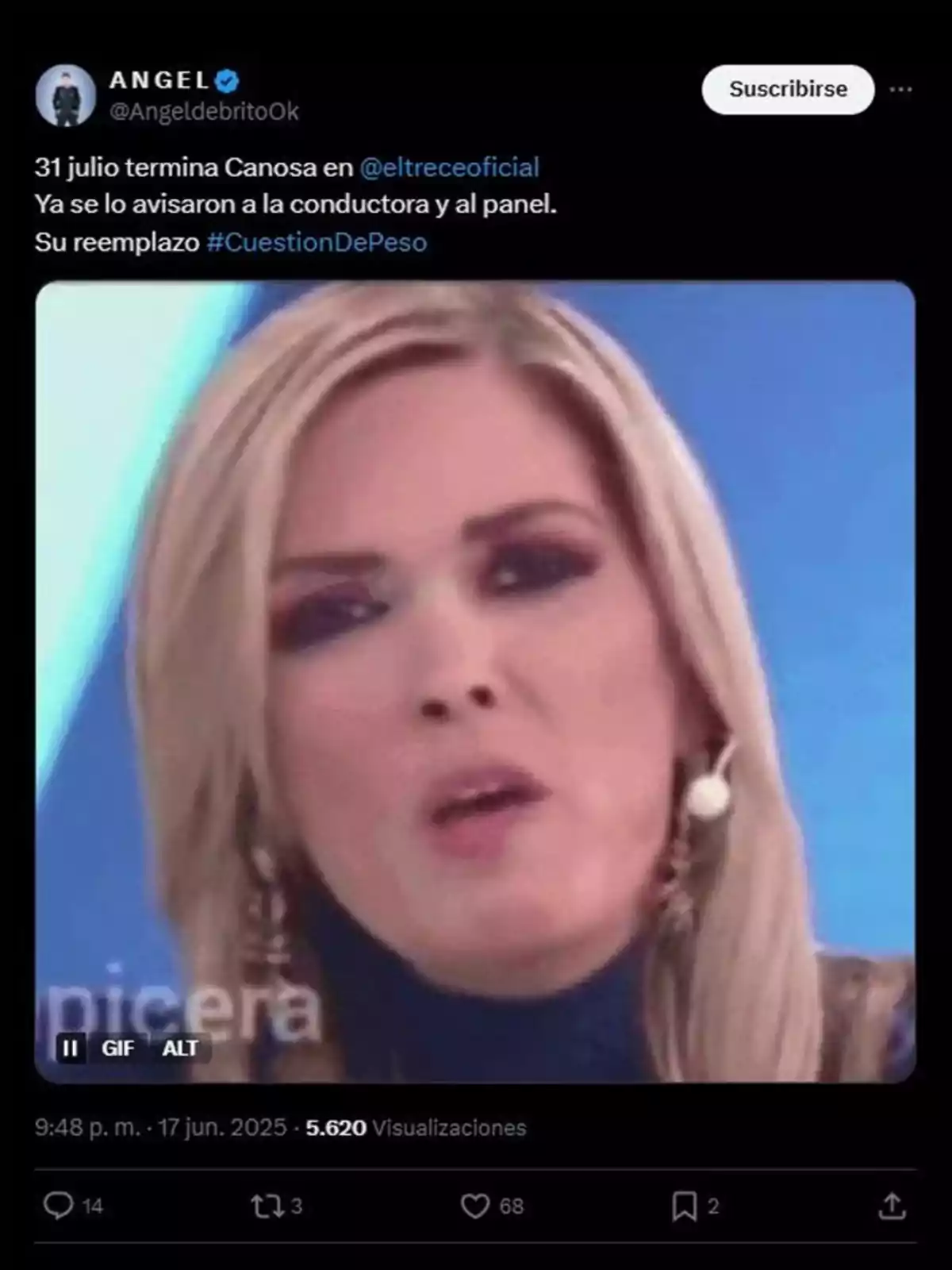 Tweet by Ángel de Brito announcing the end of Canosa's show on El Trece and its replacement by Cuestión de Peso, accompanied by a close-up image of a blonde woman. Tweet by Ángel de Brito announcing the end of Canosa's show on El Trece and its replacement by Cuestión de Peso, accompanied by a close-up image of a blonde woman.