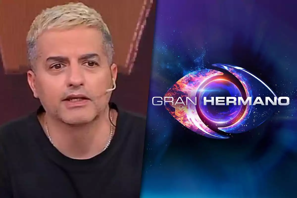 A man with short blond hair wearing a headset microphone next to the colorful logo of the Big Brother show on a blue background