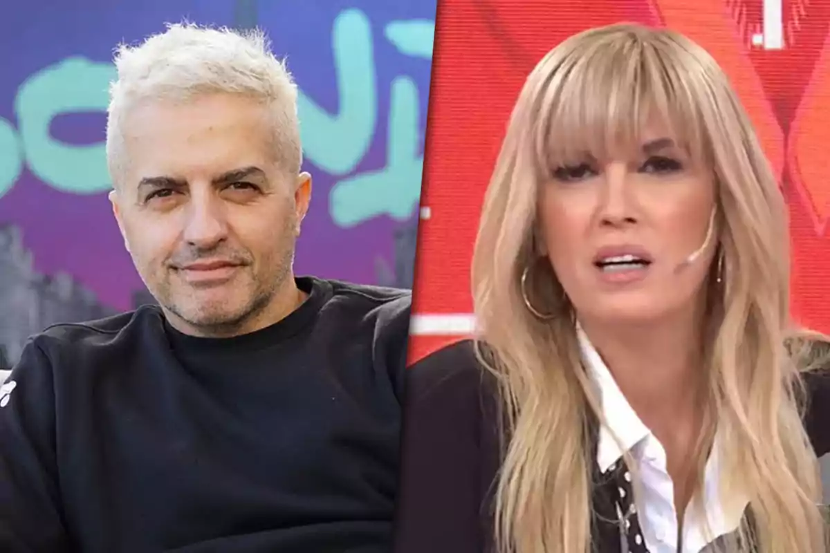 A man with short blond hair and a black sweater is on the left, while a blond woman with bangs and over-ear headphones is on the right against a red background.