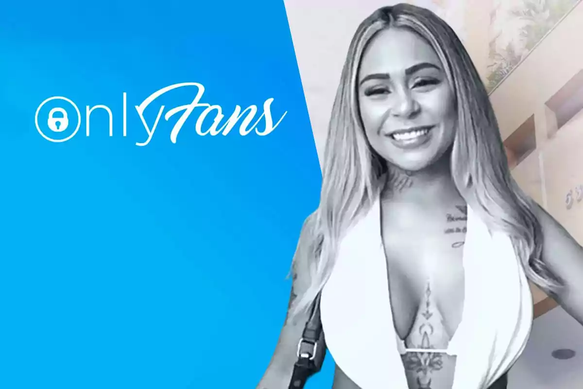 Anna Polly con un fondo del hotel Mont Blanc sonriendo junto al logo de OnlyFans sobre un fondo azul.