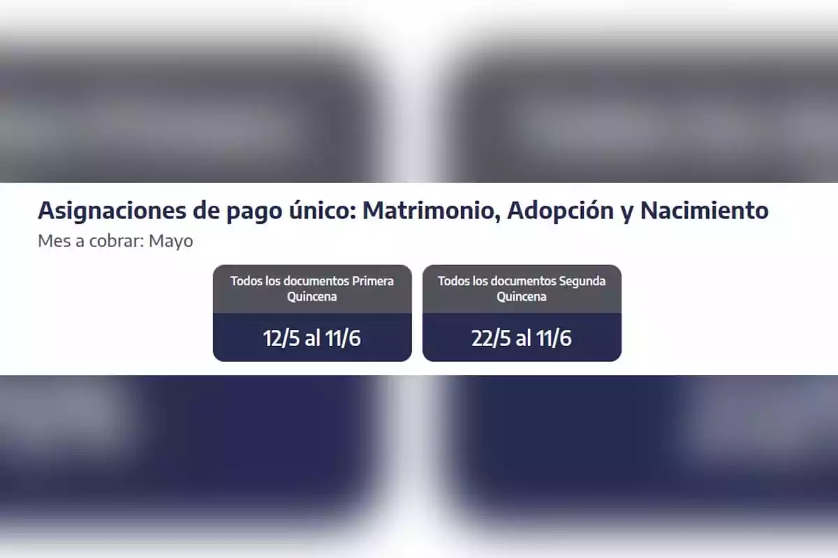 Calendario de asignaciones de pago único para matrimonio, adopción y nacimiento en mayo, con fechas de cobro del 12/5 al 11/6 para la primera quincena y del 22/5 al 11/6 para la segunda quincena. Calendario de asignaciones de pago único para matrimonio, adopción y nacimiento en mayo, con fechas de cobro del 12/5 al 11/6 para la primera quincena y del 22/5 al 11/6 para la segunda quincena.