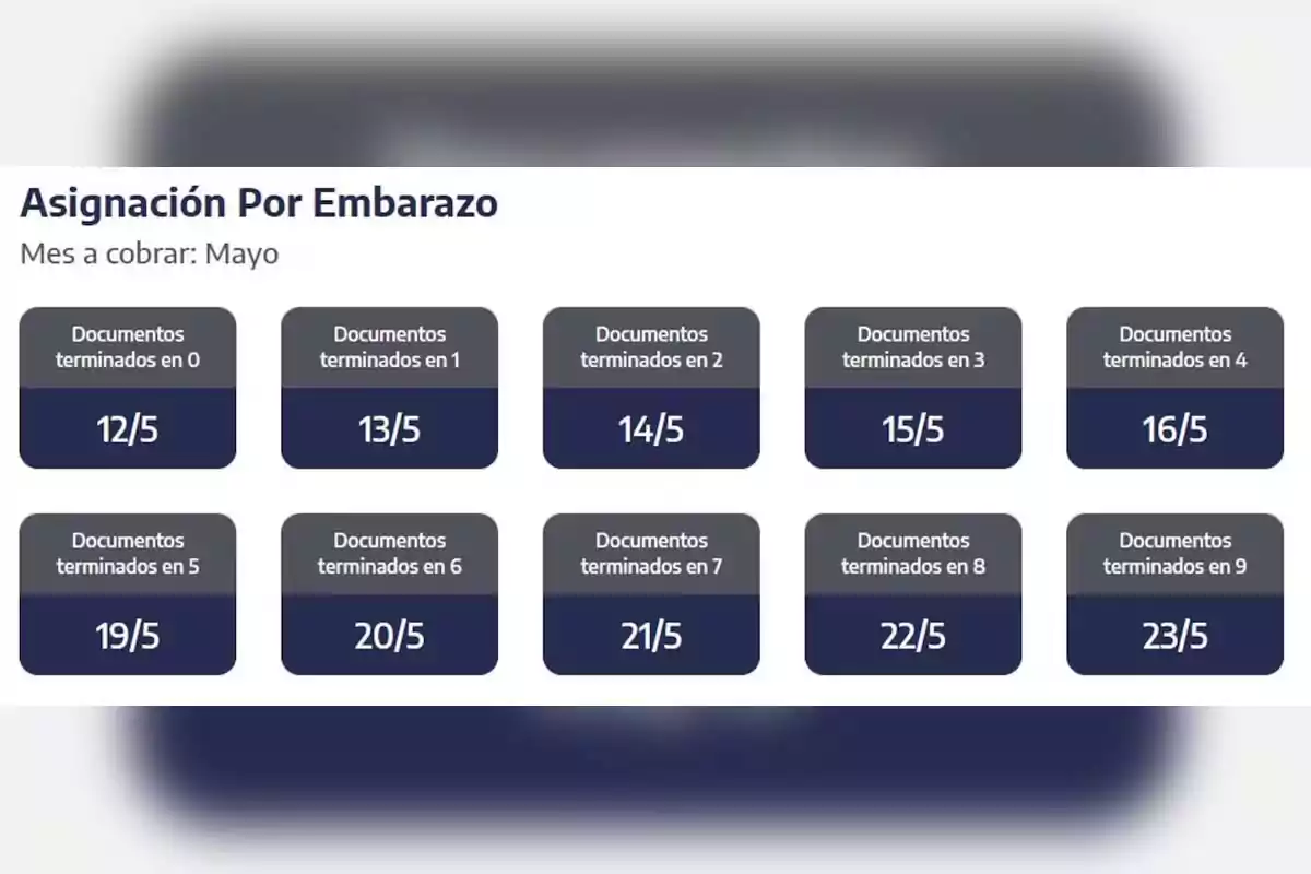 Calendario de pago de la Asignación por Embarazo para el mes de mayo, con fechas asignadas según la terminación del número de documento. Calendario de pago de la Asignación por Embarazo para el mes de mayo, con fechas asignadas según la terminación del número de documento.