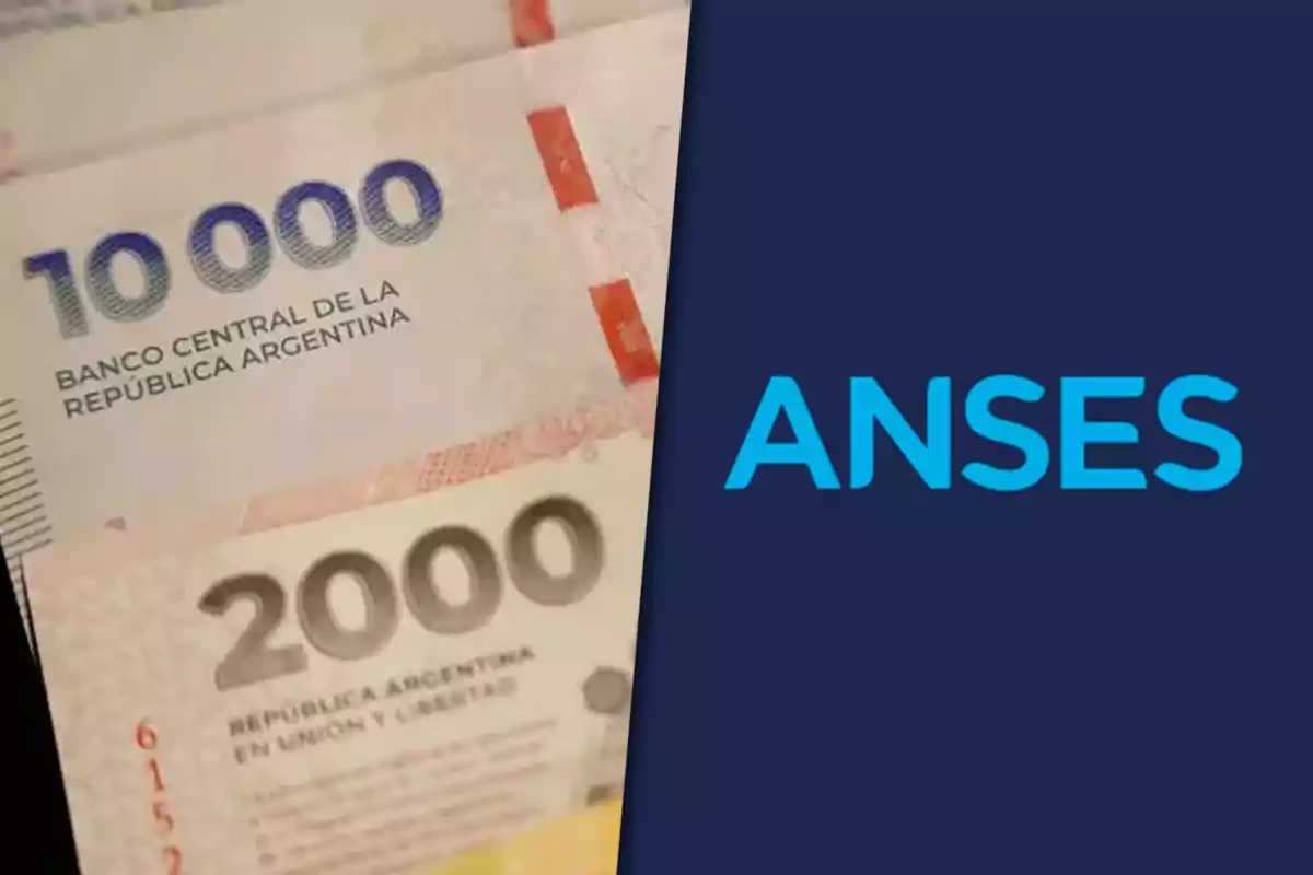 Billetes de 10,000 y 2,000 pesos argentinos junto al logo de ANSES.