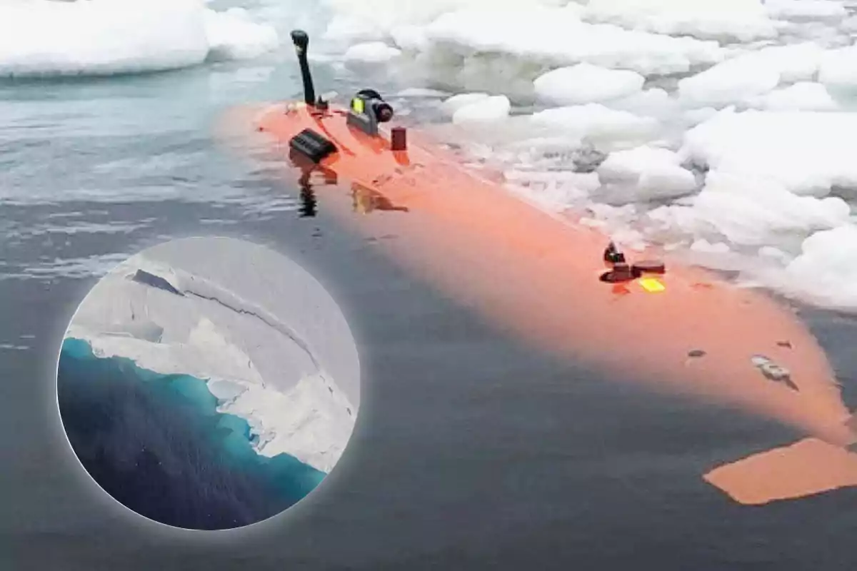 El submarino naranja RAN navega entre bloques de hielo en aguas frías, con un recuadro que muestra el glaciar Thwaites desde arriba.