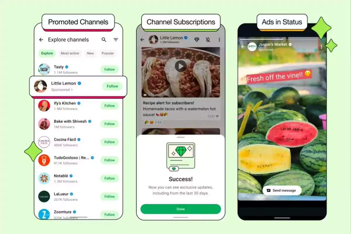 Imagen que muestra tres pantallas de un teléfono móvil con ejemplos de canales promocionados, suscripciones a canales y anuncios en los estados, todo en una interfaz de aplicación de mensajería con temática de comida y frutas. Imagen que muestra tres pantallas de un teléfono móvil con ejemplos de canales promocionados, suscripciones a canales y anuncios en los estados, todo en una interfaz de aplicación de mensajería con temática de comida y frutas.