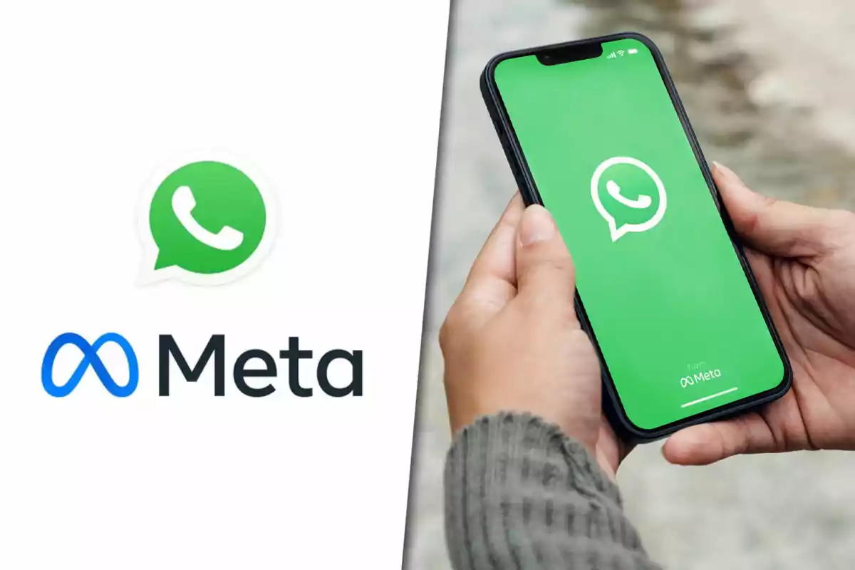 Logo de WhatsApp junto al logo y nombre de Meta y una persona sosteniendo un teléfono móvil con la pantalla de inicio de WhatsApp