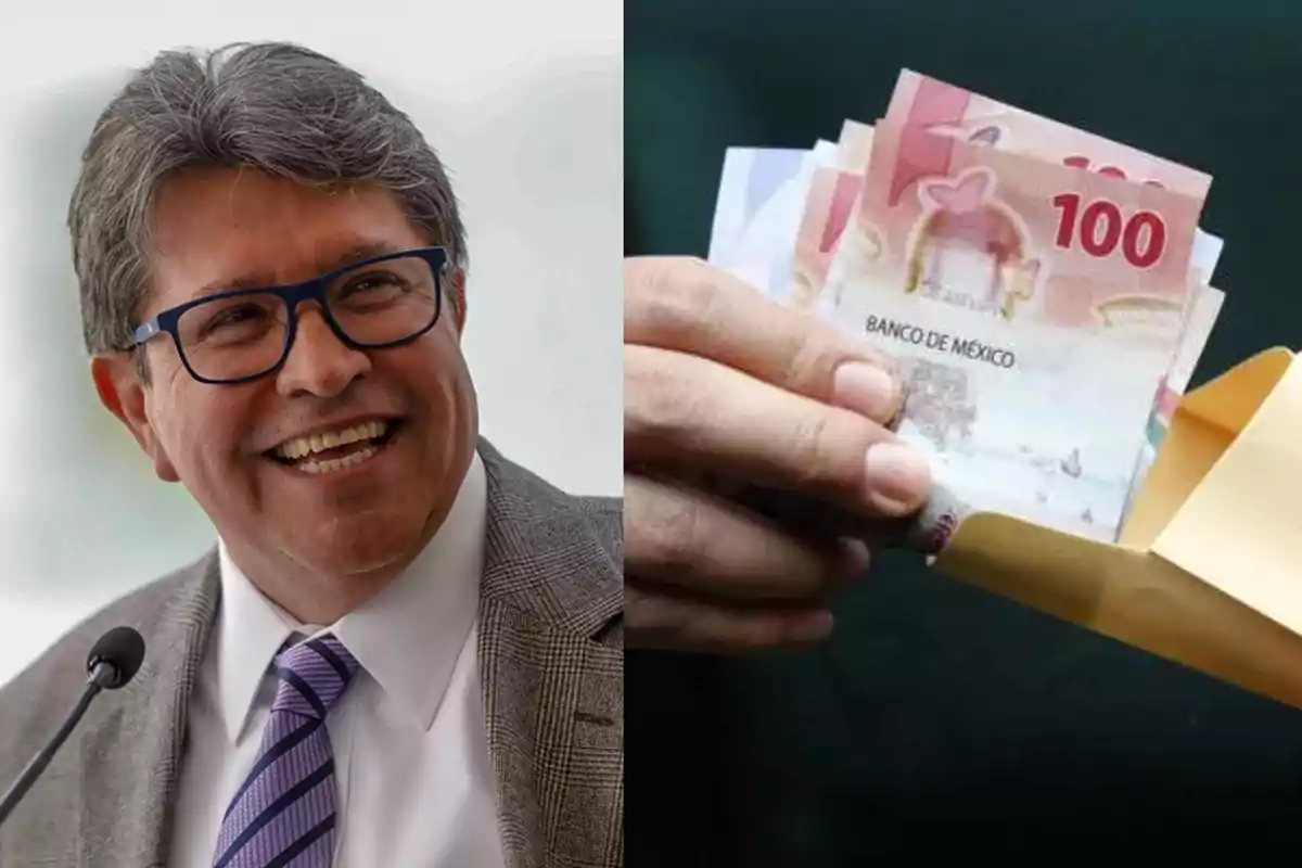 A smiling man with glasses and a tie next to a hand holding 100 Mexican peso bills.