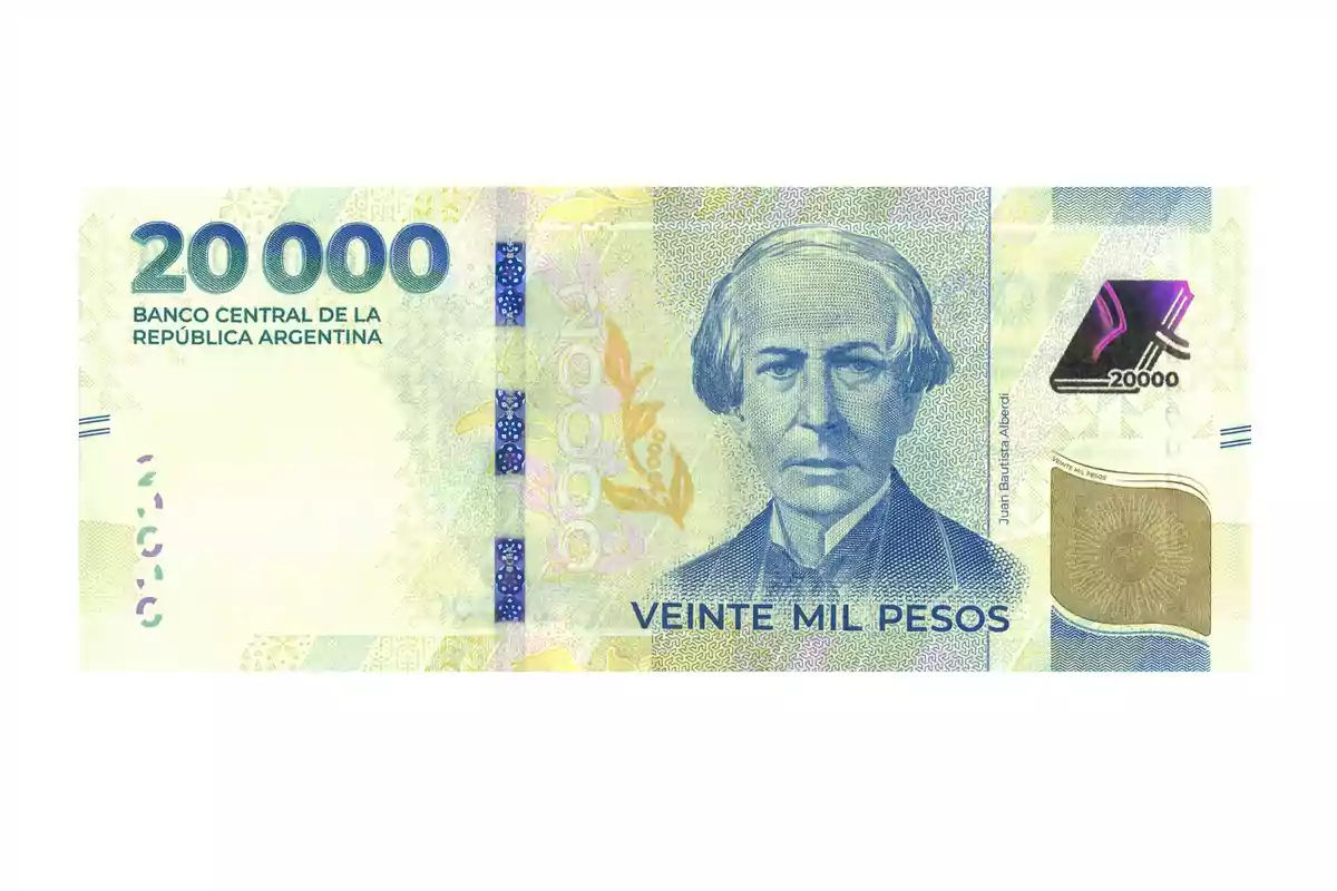 Billete de 20,000 pesos argentinos con el retrato de una figura histórica y elementos de seguridad.