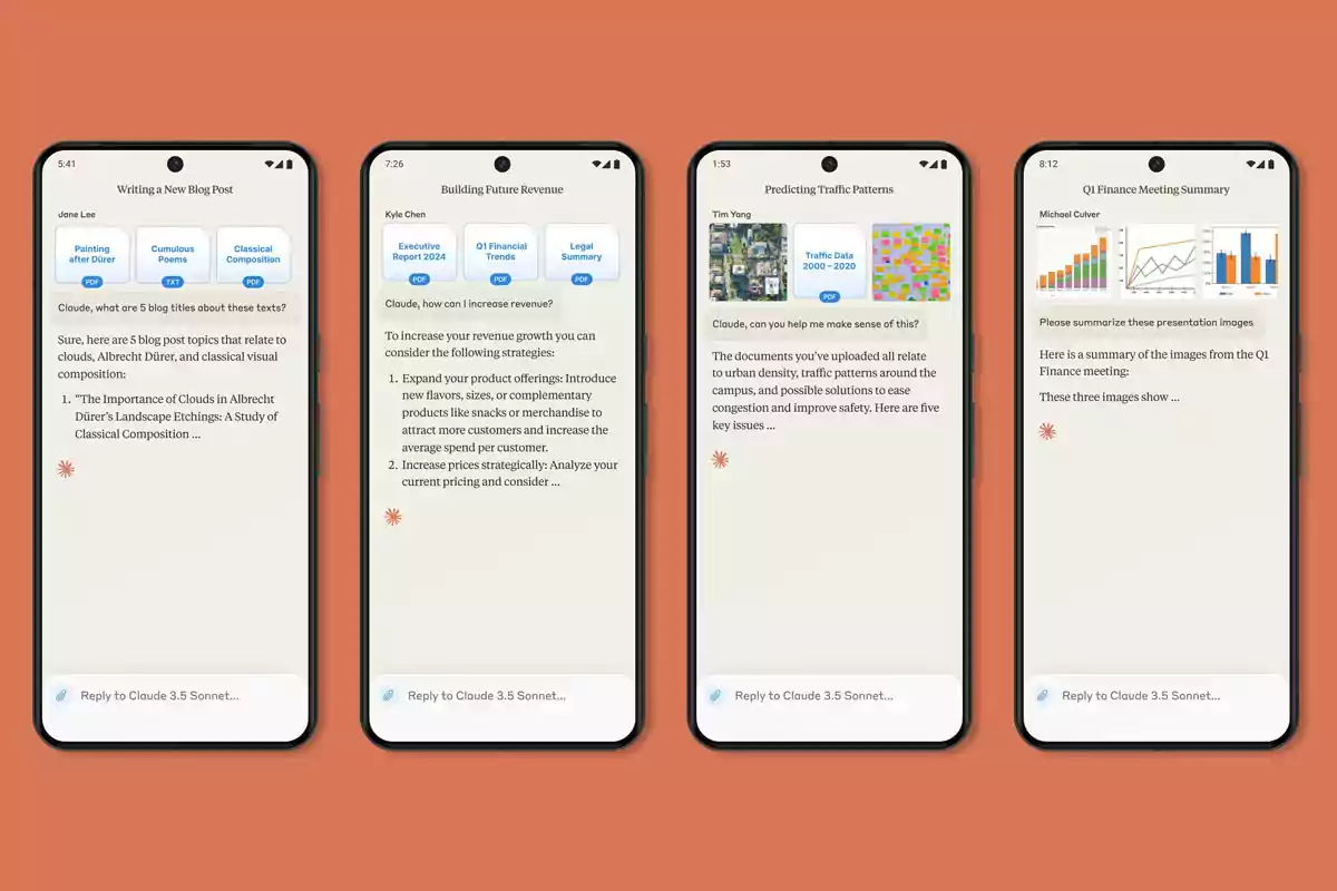 Four mobile phone screens display different conversations with a virtual assistant named Claude, addressing topics such as drafting a new blog, strategies to increase revenue, traffic patterns, and a summary of a financial meeting, with each screen including attached documents in PDF format or images related to the discussed topic. Four mobile phone screens display different conversations with a virtual assistant named Claude, addressing topics such as drafting a new blog, strategies to increase revenue, traffic patterns, and a summary of a financial meeting, with each screen including attached documents in PDF format or images related to the discussed topic.