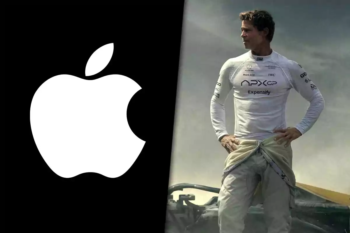Logo de Apple en fondo negro junto a un hombre con ropa de piloto de carreras de autos