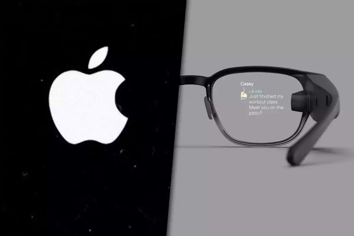 Apple logo on the left and smart glasses with a notification on the lens on the right.