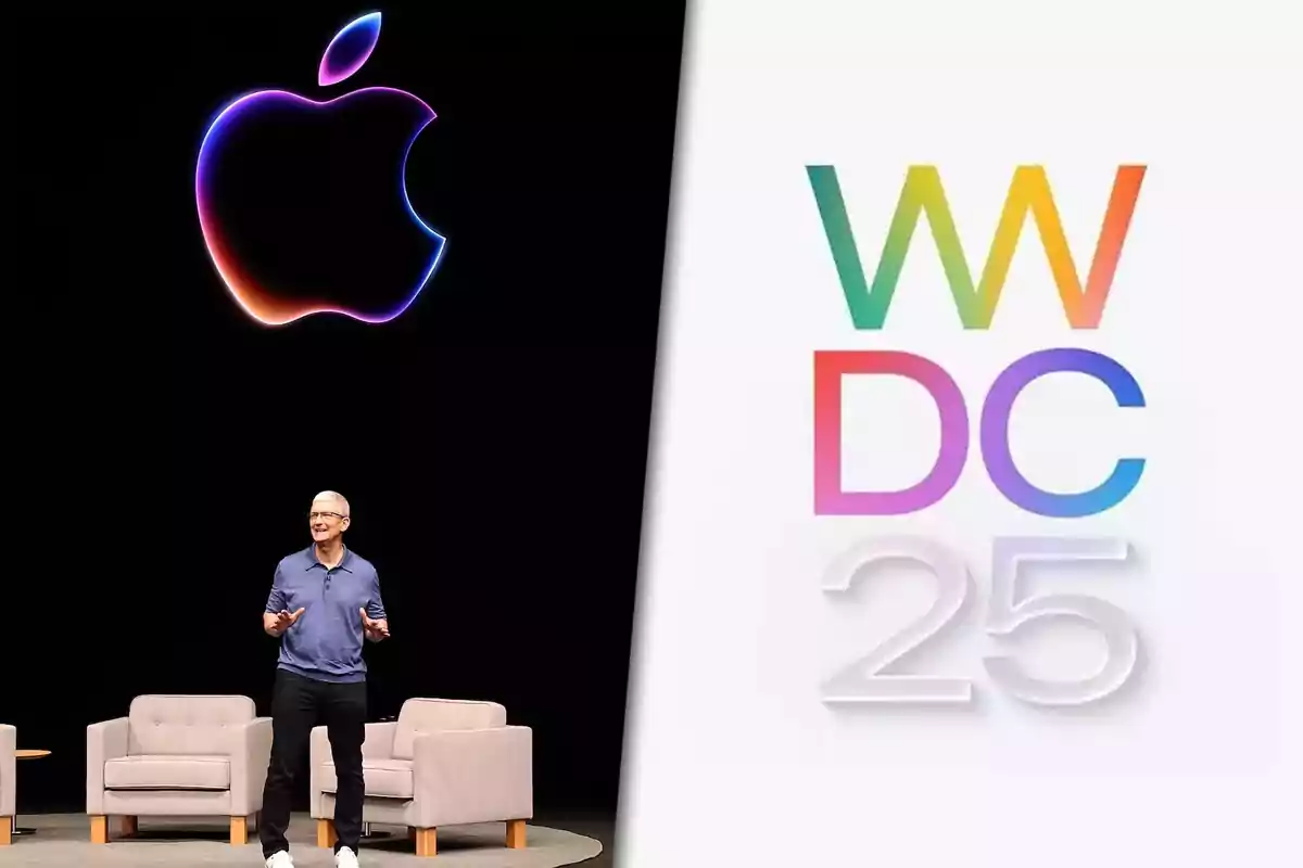 Un hombre de pie en un escenario con el logo de Apple al fondo y el texto WWDC 25 en colores brillantes a la derecha