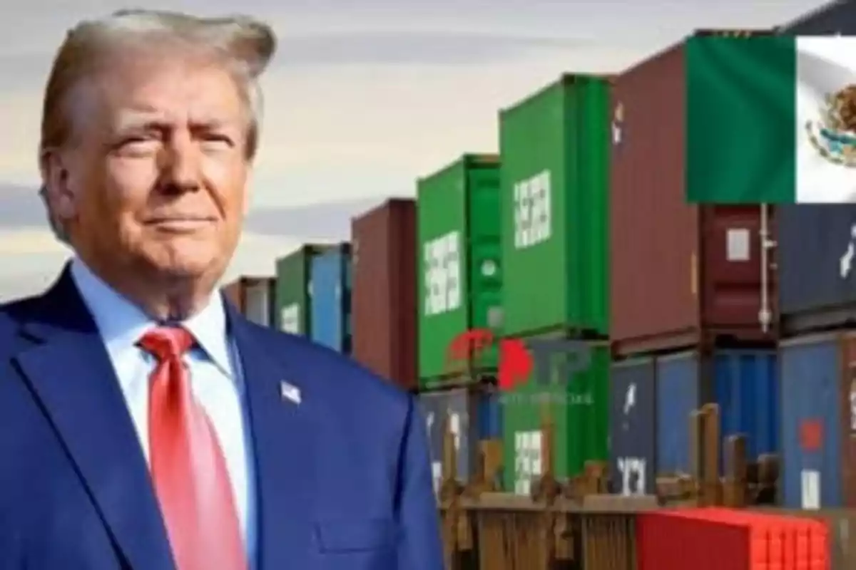 A man in a blue suit and red tie is in front of a stack of shipping containers with a Mexican flag.