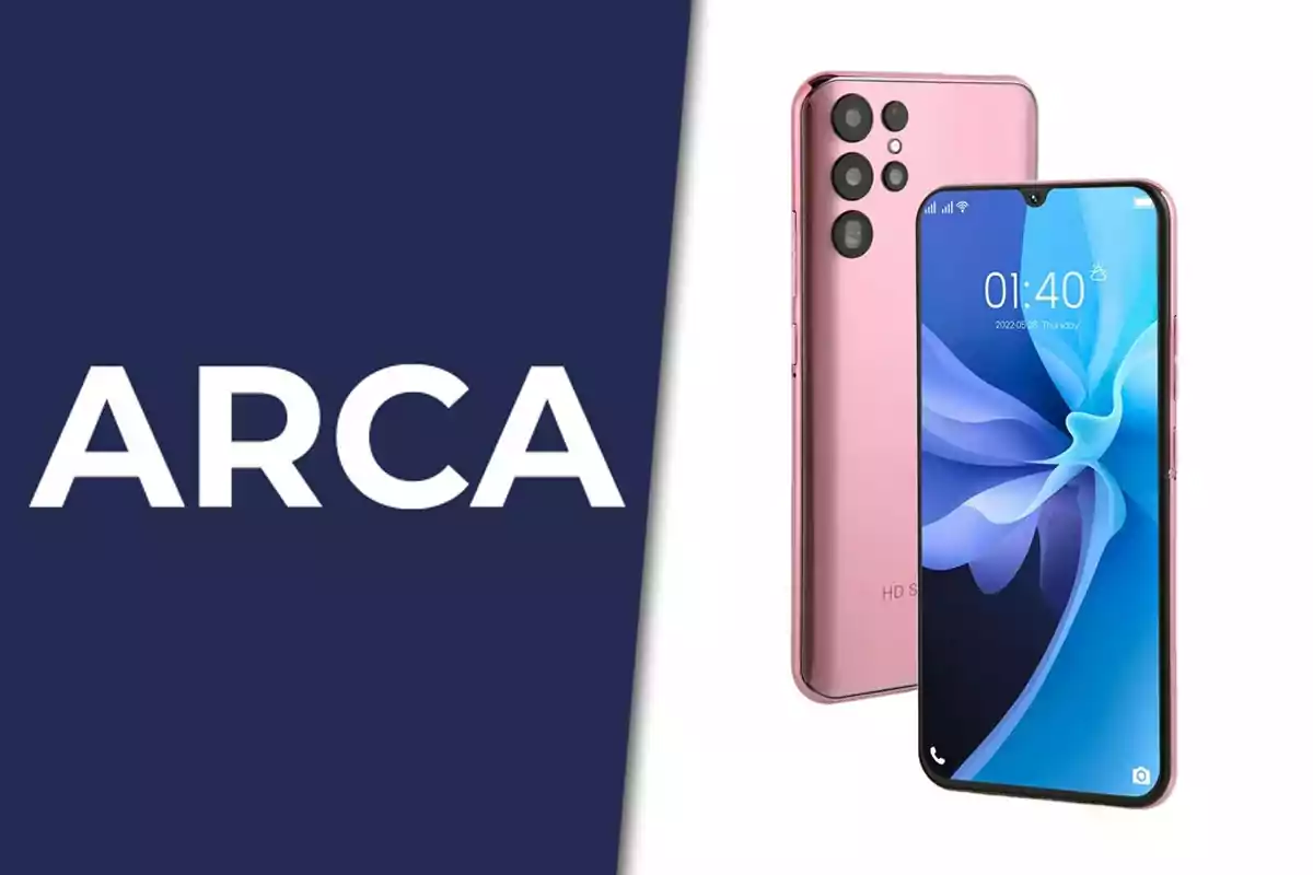 Pink smartphone with screen on next to the text ARCA on a blue background.
