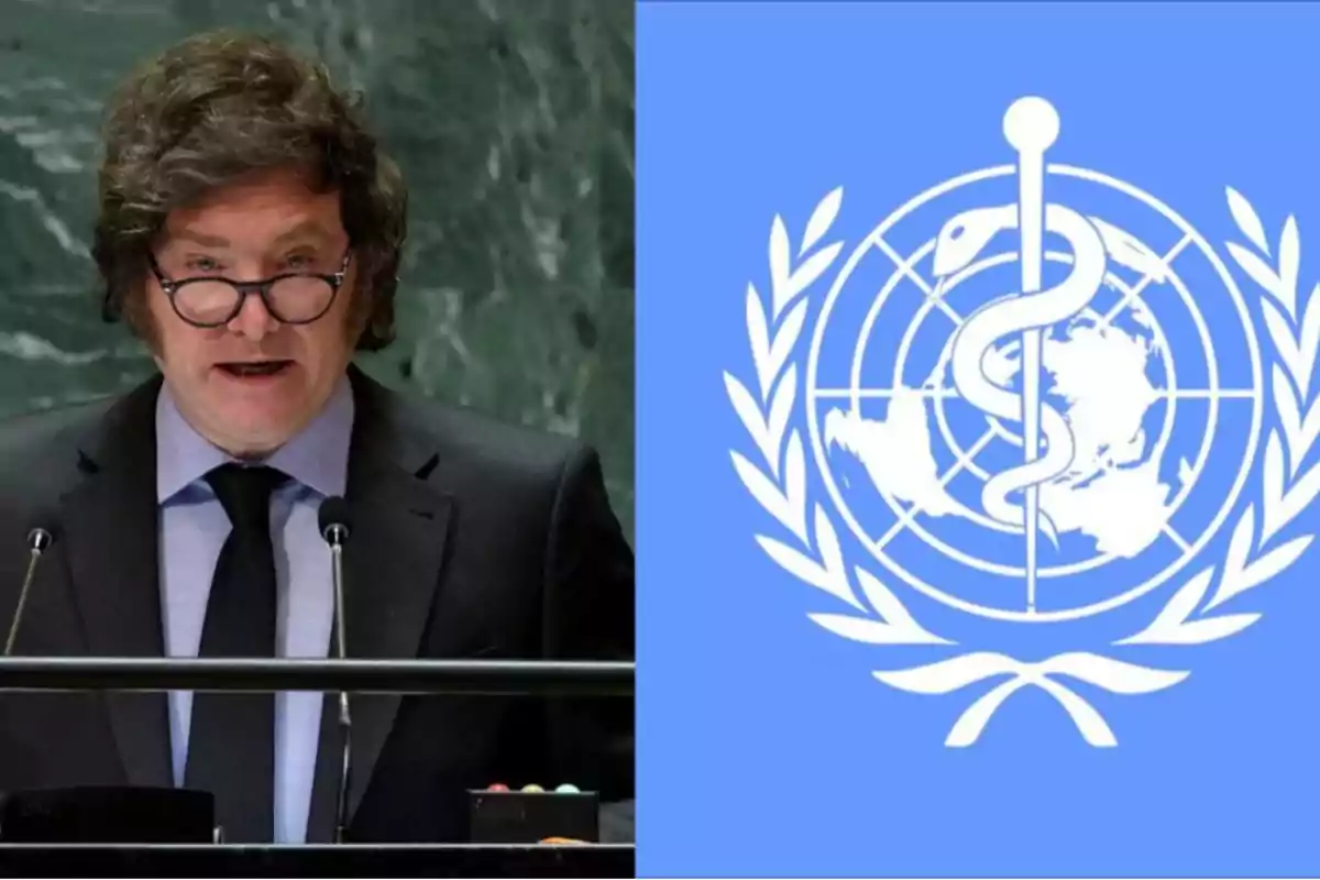 Un hombre con gafas y traje habla en un podio junto a un logotipo azul con un símbolo médico y un mapa del mundo.