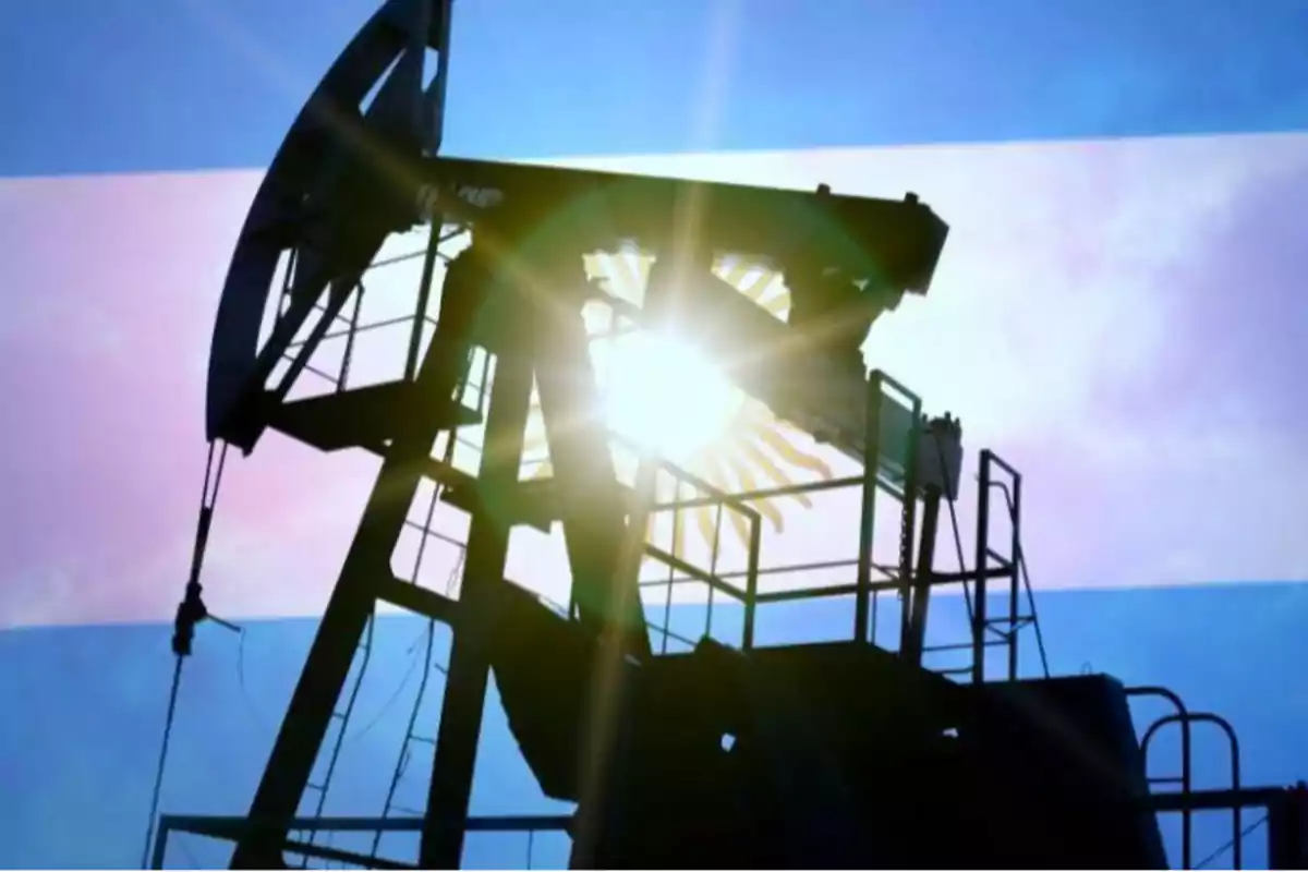 Silueta de una bomba de extracción de petróleo con el sol brillando detrás y un cielo azul de fondo.