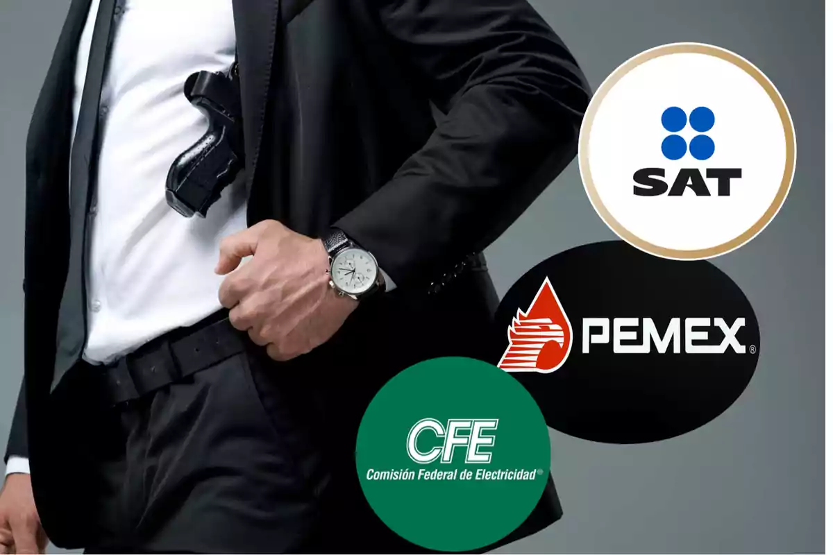 Man in a suit with a gun on his belt and logos of SAT, PEMEX, and CFE.