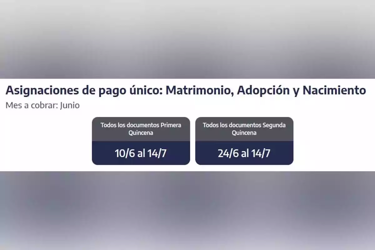 Payment schedule for marriage, adoption, and birth allowances for June, with dates from June 10 to July 14 for the first half of the month and from June 24 to July 14 for the second half.