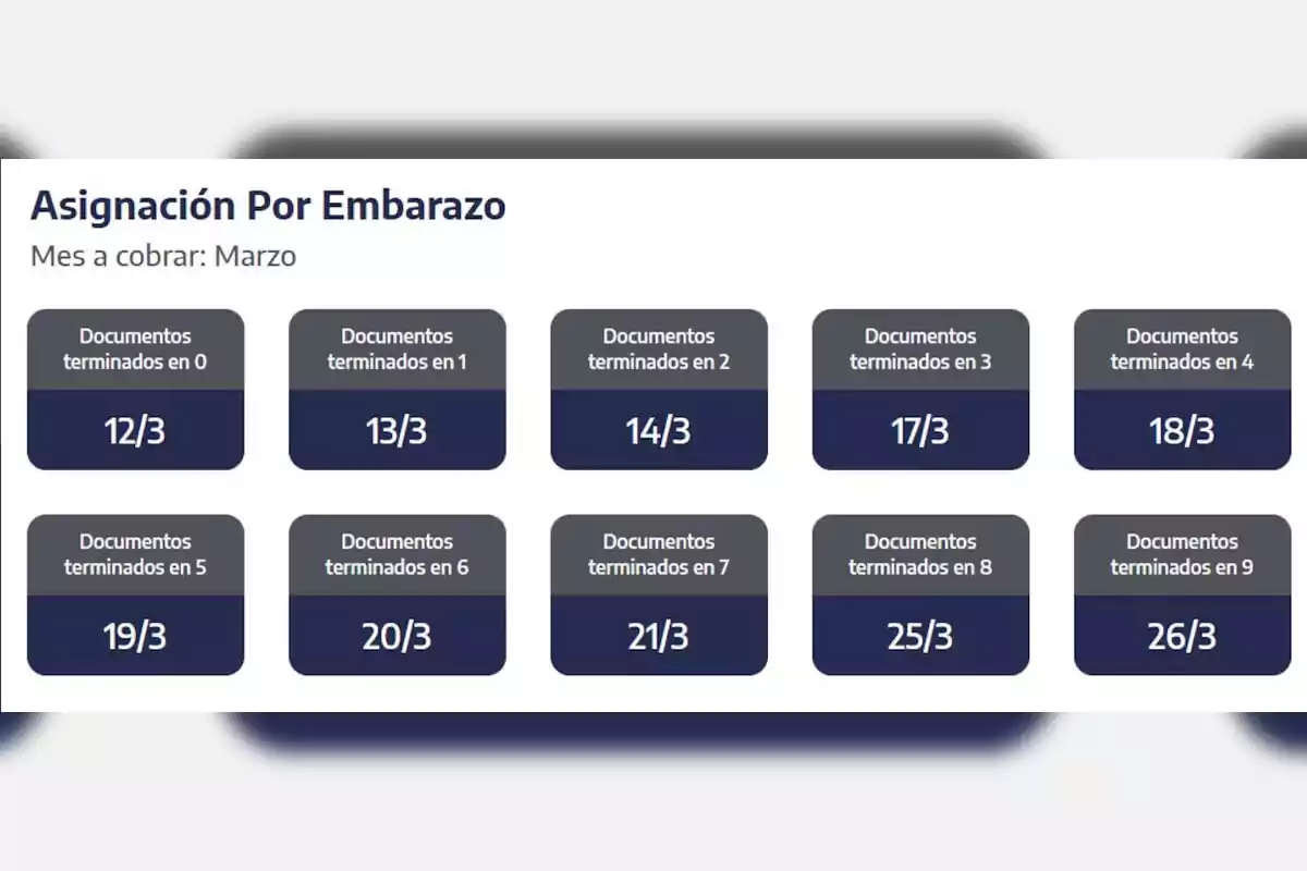 Asignación por Embarazo para el mes de marzo: documentos terminados en 0 cobran el 12/3, en 1 el 13/3, en 2 el 14/3, en 3 el 17/3, en 4 el 18/3, en 5 el 19/3, en 6 el 20/3, en 7 el 21/3, en 8 el 25/3 y en 9 el 26/3.