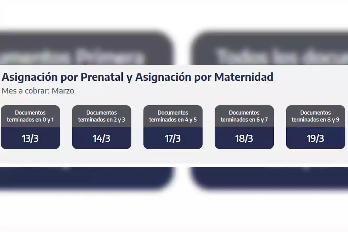 Calendario de pagos para la Asignación por Prenatal y Maternidad en marzo, con fechas específicas según la terminación de documentos: 13/3 para 0 y 1, 14/3 para 2 y 3, 17/3 para 4 y 5, 18/3 para 6 y 7, y 19/3 para 8 y 9.