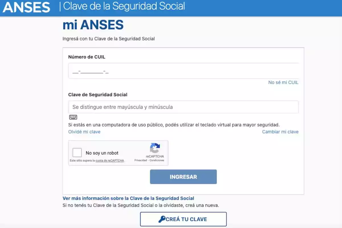 Pantalla de inicio de sesión de ANSES para ingresar con el número de CUIL y la Clave de Seguridad Social, incluye opciones para recuperar o cambiar la clave, un captcha de verificación y botones para ingresar o crear una nueva clave.