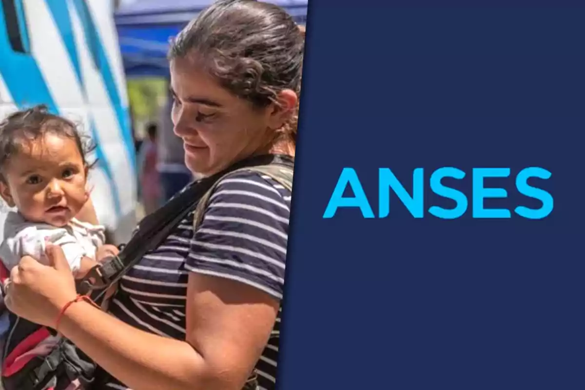 A woman holds a baby in her arms while smiling, next to the ANSES logo on a blue background.