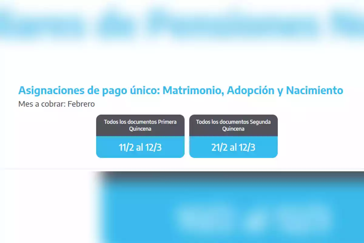 Asignaciones de pago único para matrimonio, adopción y nacimiento en febrero, con fechas de cobro del 11/2 al 12/3 para la primera quincena y del 21/2 al 12/3 para la segunda quincena.