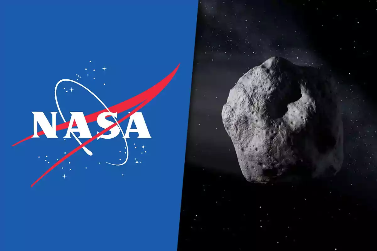 Logotipo de la NASA a la izquierda y un asteroide 2024 PT5 en el espacio a la derecha