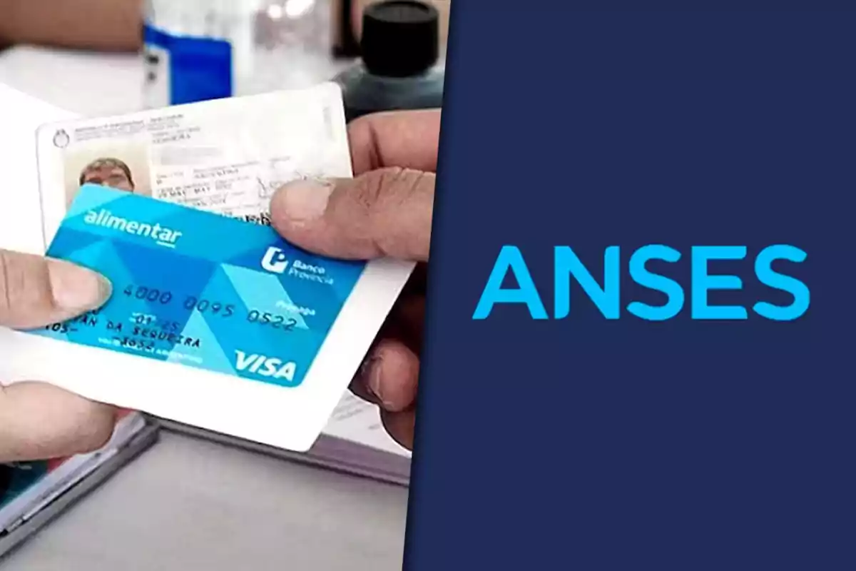 Una persona sostiene una tarjeta Alimentar y un documento de identidad junto al logo de ANSES.