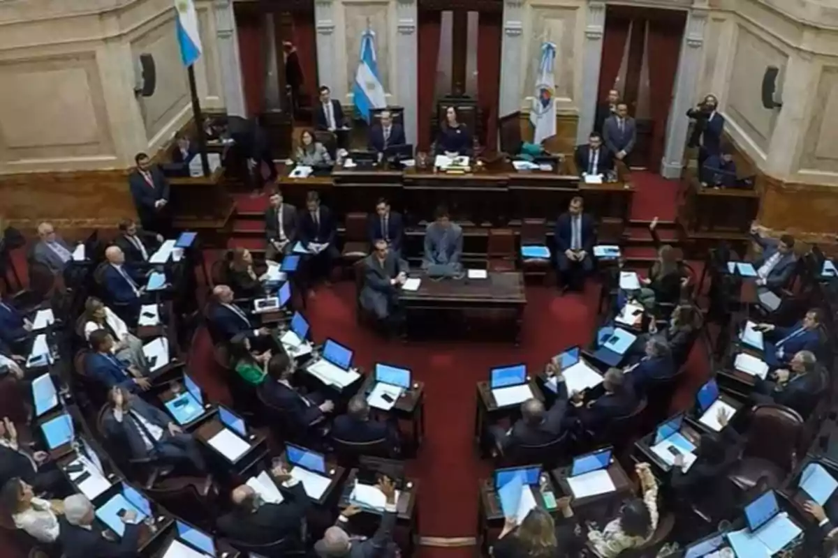 Parliamentary session in the Argentine Senate with legislators seated at their desks using computers and Argentine flags in the background Parliamentary session in the Argentine Senate with legislators seated at their desks using computers and Argentine flags in the background