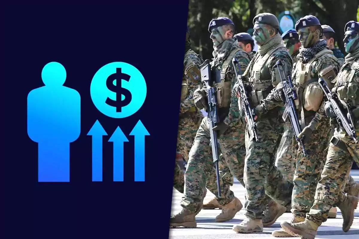 Illustration of a pay raise alongside a group of soldiers marching in formation