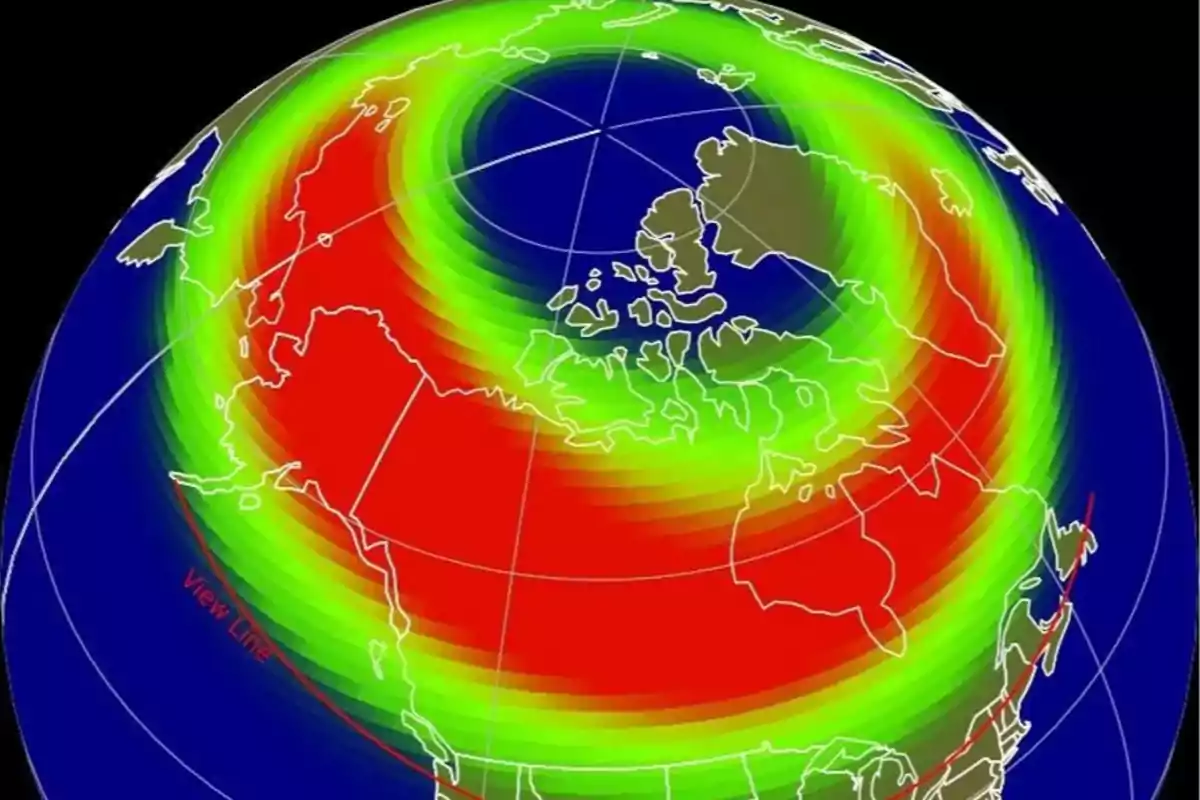 Mapa del hemisferio norte mostrando la aurora boreal con áreas en rojo y verde.