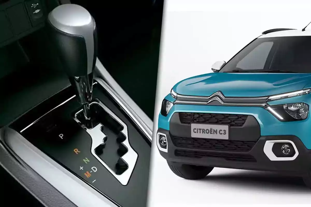 Palanca de cambios automática junto a la parte frontal de un Citroën C3 azul