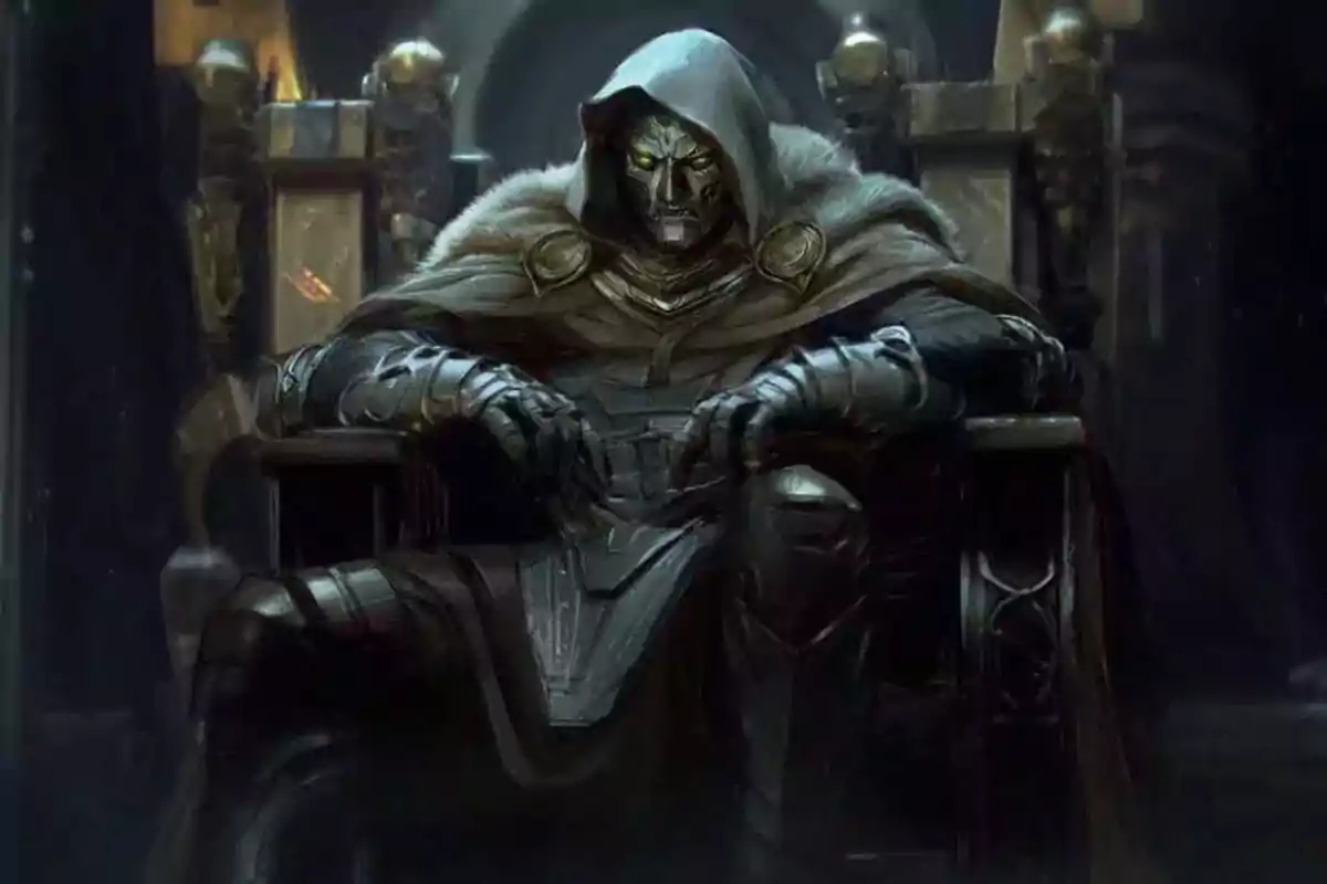 Character with metallic armor and a hooded cape sitting on a throne in a dark and majestic setting Character with metallic armor and a hooded cape sitting on a throne in a dark and majestic setting