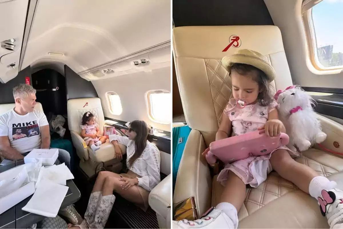 Una familia viaja en un jet privado; un hombre y una mujer están sentados frente a una niña pequeña que juega con una tableta, mientras que en la otra imagen la niña está sentada sola con un sombrero y un peluche a su lado.